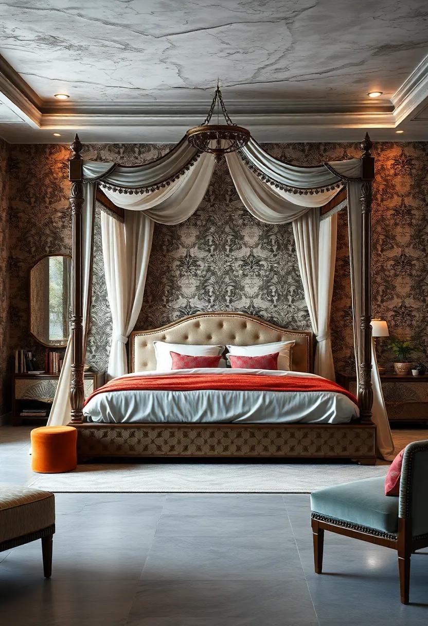 Bold Wallpaper Choices with Geometric and Baroque Motifs Complementing an Exquisite Canopy Bed