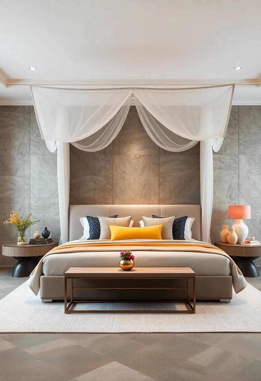 Canopy Beds With Oversized Headboards and Coordinated Wall Treatments Creating a Cohesive Maximalist Look