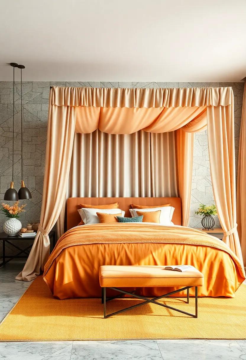 Color Blocking Techniques Used on Bedding and Curtains to Emphasize a Majestic Canopy Bed Presence