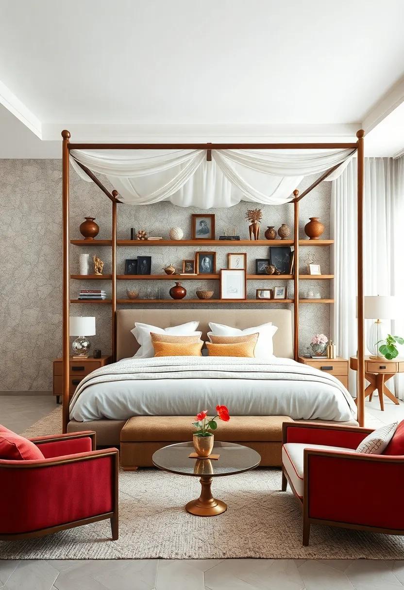 Curated Collections of Artifacts and Antiques Displayed on Shelves Around a Bold Canopy Bed Centerpiece