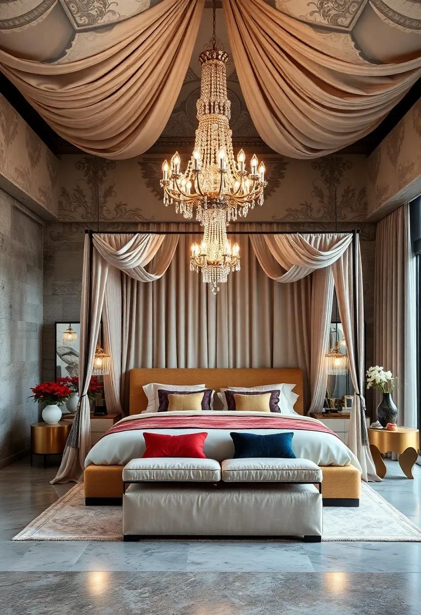 Dramatic Ceiling Drapes and Oversized Chandeliers Casting a Regal Glow Over a Maximalist Canopy Sanctuary