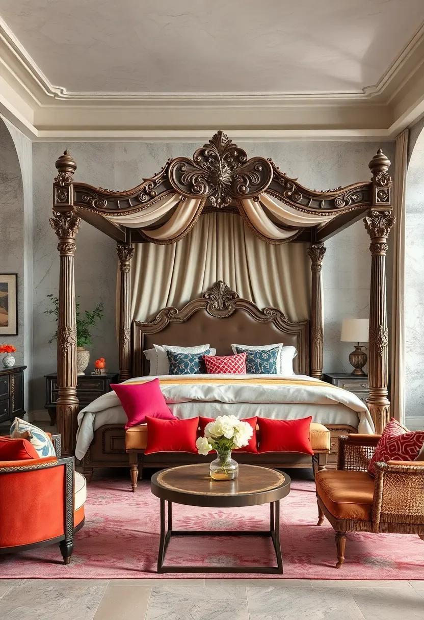 Eclectic Mix of Vintage and Modern Furnishings Surrounding an Ornate Canopy Bed With Intricate Carvings