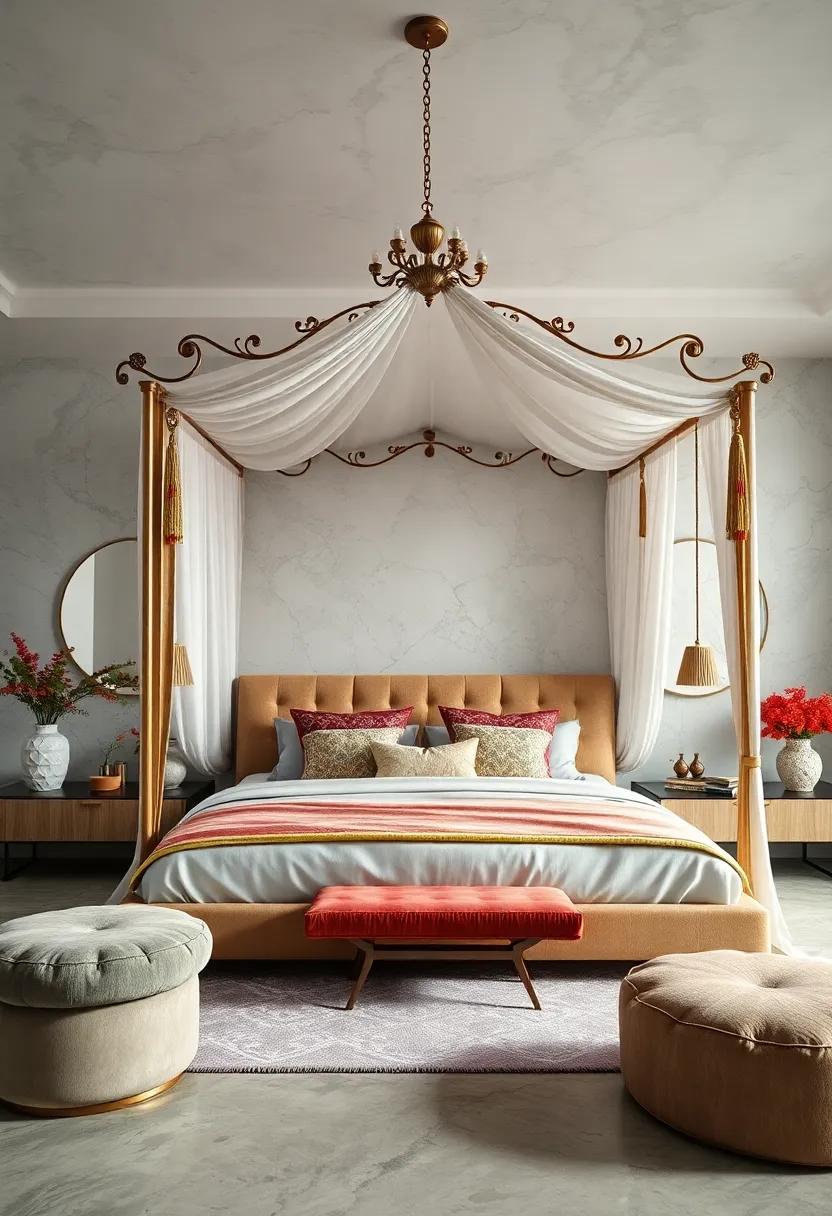 Exquisite Hand-Painted Details on Canopy Bed Frames Blending Artistry with Maximalist Bedroom Decor