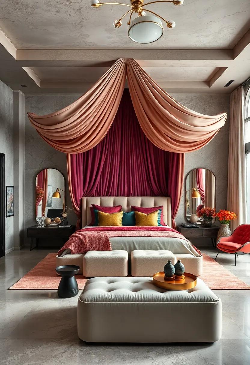 Grand Draped Fabrics in Jewel Tones Creating a Theatre-Like Ambiance Around a Statement Canopy Bed