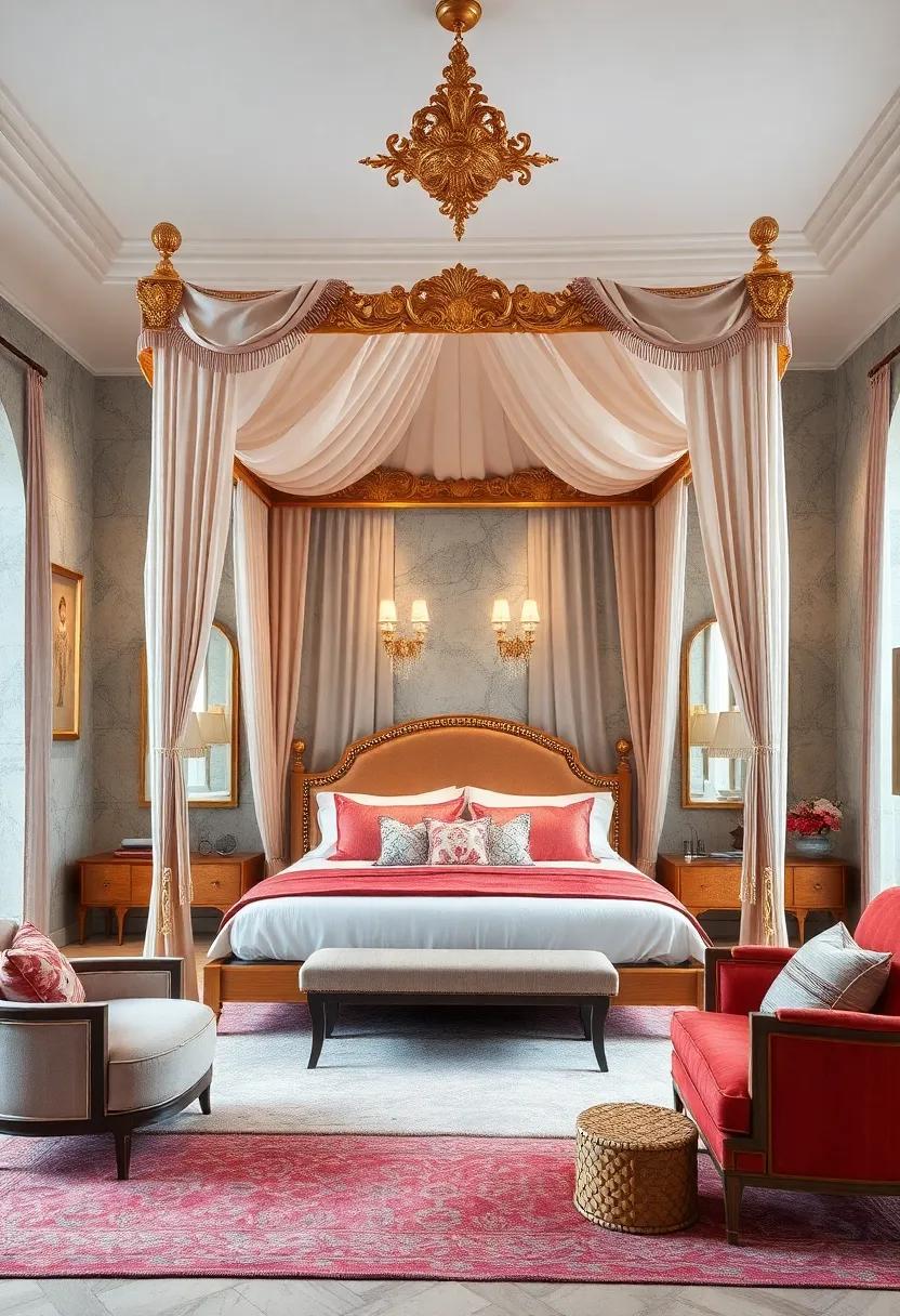 Lavishly Decorated Canopy Frames Featuring Gold Leaf and Jewel-Toned Accents for an Elegant Touch