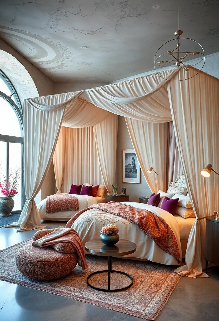 Luxurious Canopy Beds Draped with Opulent Fabrics and Layered Textiles in a Maximalist Bedroom Setting