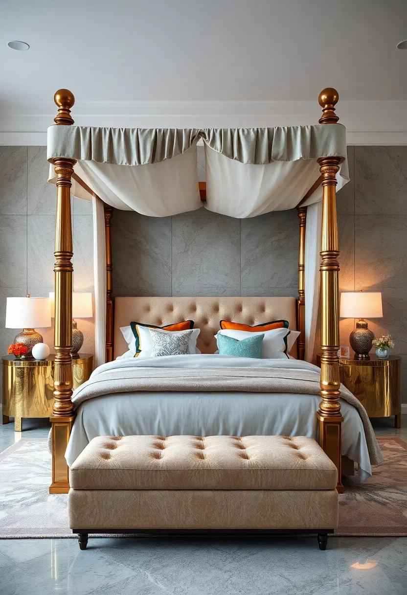Opulent Metallic Finishes Highlighted on Canopy Bed Posts Amidst a Maximalist Decor Theme