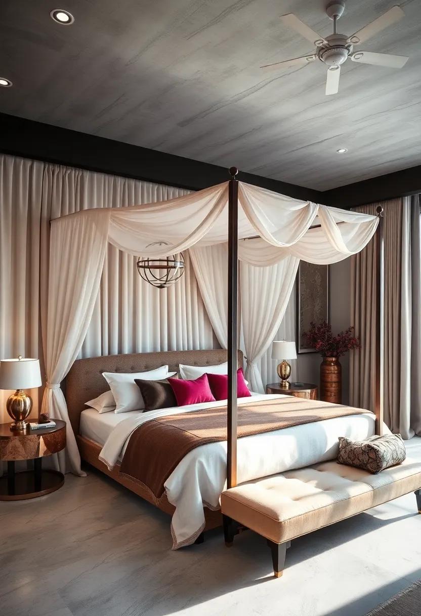 Opulent Layering of Curtains and Valances Combining Luxurious Feel With a Dramatic Canopy Bed Setup