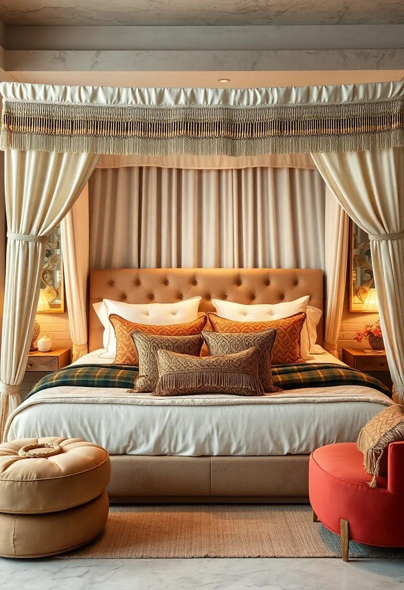 Overstuffed Pillows, Tassels, and Fringe Embellishments Layered on a Magnificent Canopy Bed Setup