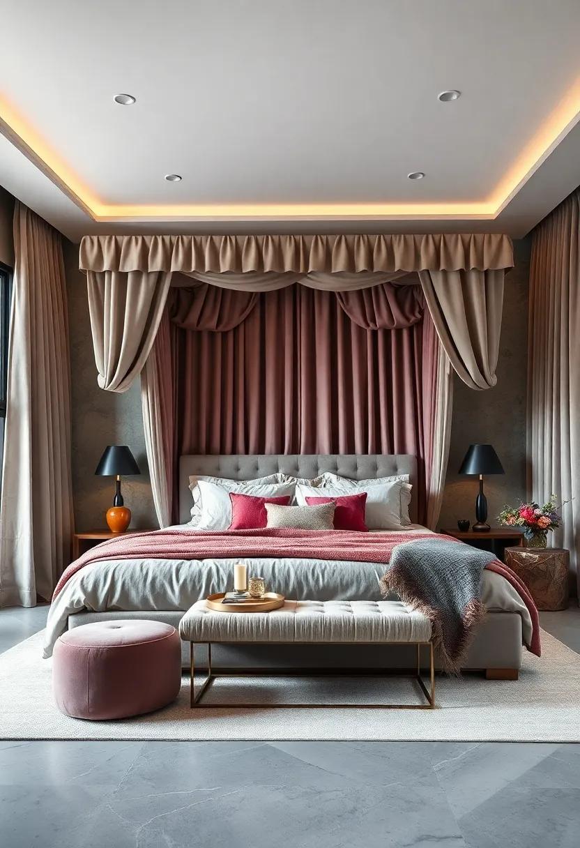 Plush Velvet Draperies and Luxurious Bedding Creating Depth and Warmth Around a Stately Canopy Bed