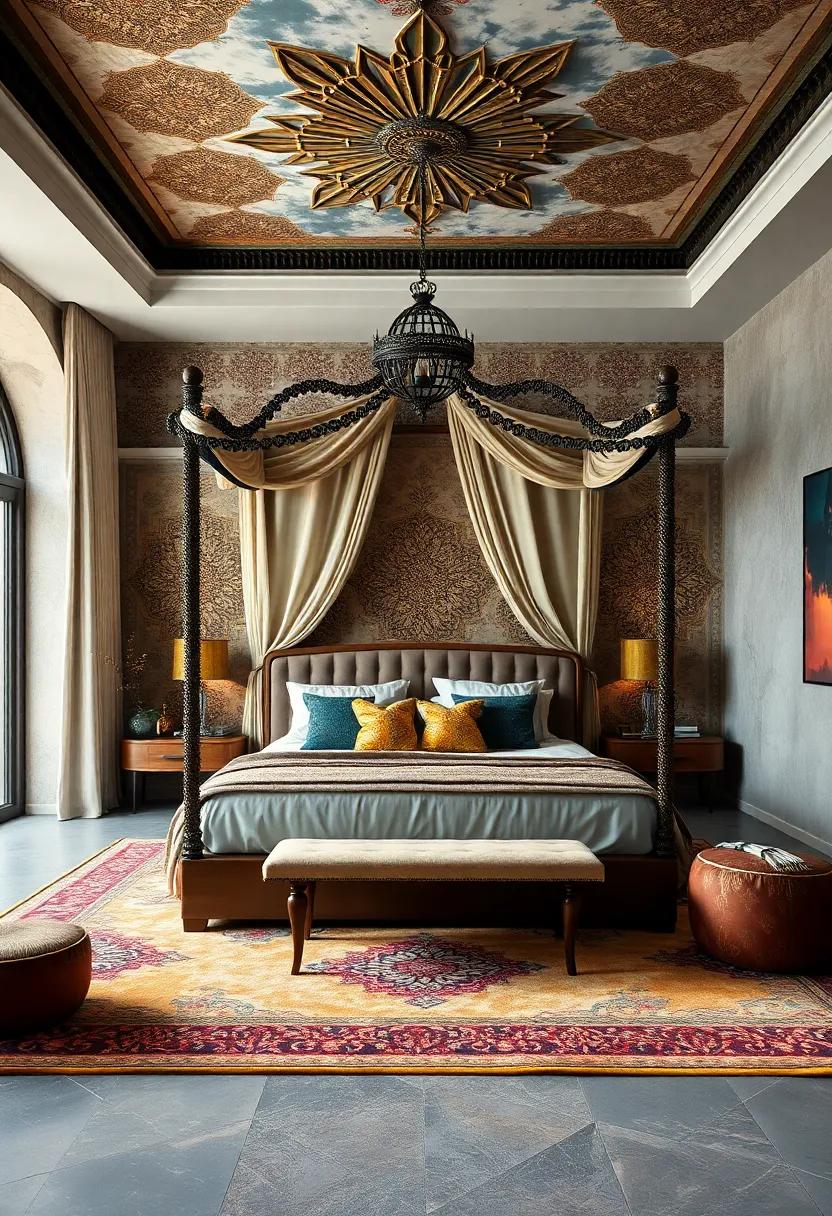 Plush Rugs and Exotic Textiles Grounding an Ornate Canopy Bed Amidst Patterned Walls and Ceiling Decor
