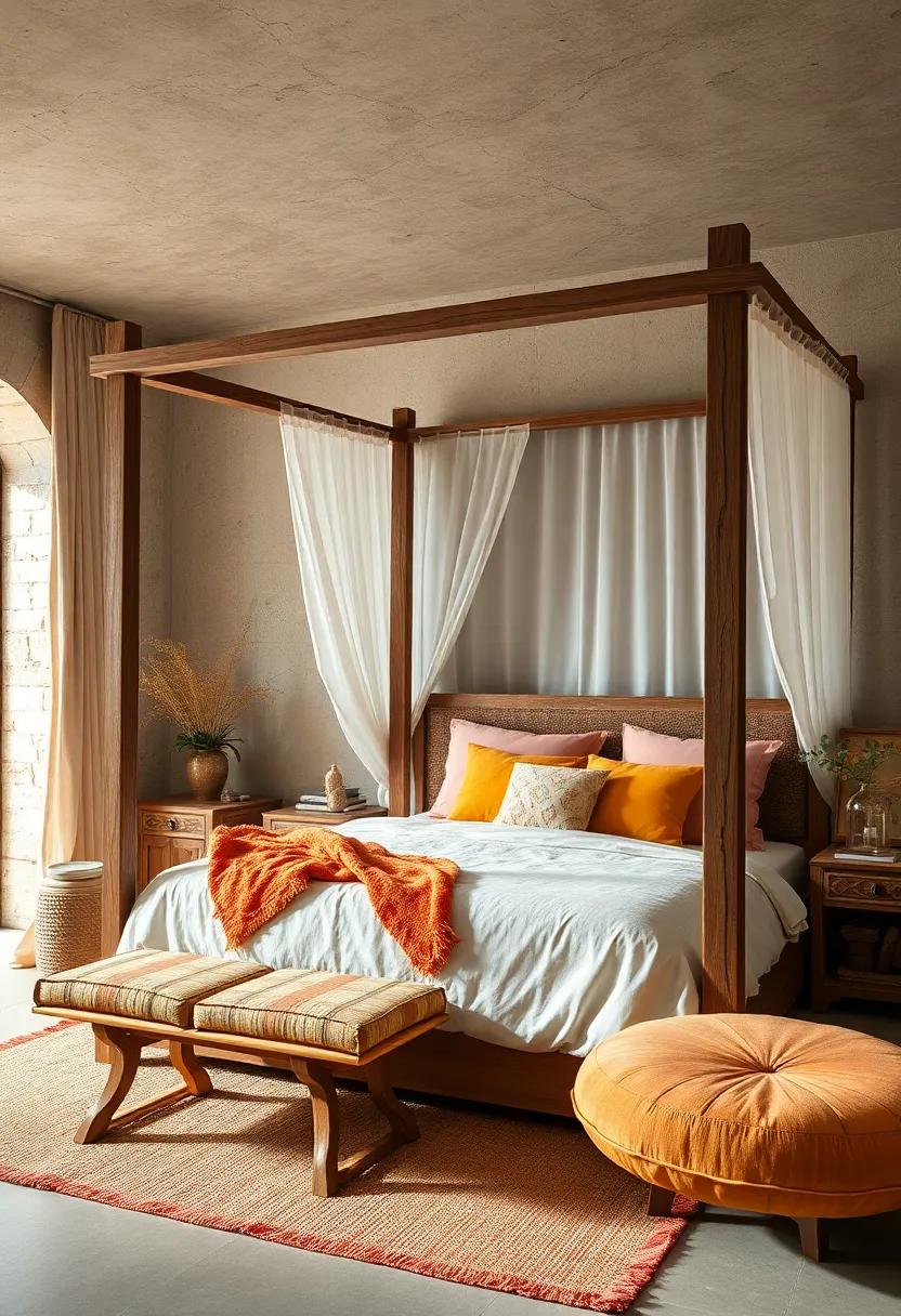 Rustic Wood Canopy Beds Combined with Bright Textiles and Maximalist Accessories in a Cozy Bedroom