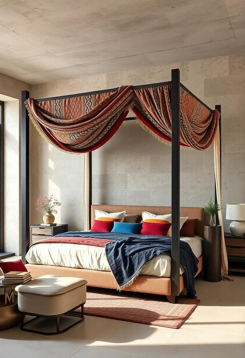 Textile Overload Featuring Contrasting Patterns and Rich Materials Draped Over a Sturdy Canopy Frame