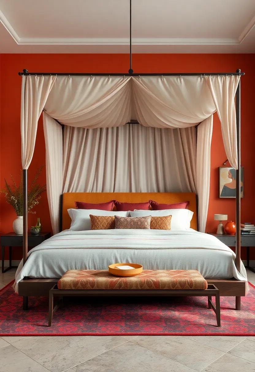 Vibrant Color Palettes Highlighting Bold Patterns and Rich Textures Around a Statement Canopy Bed