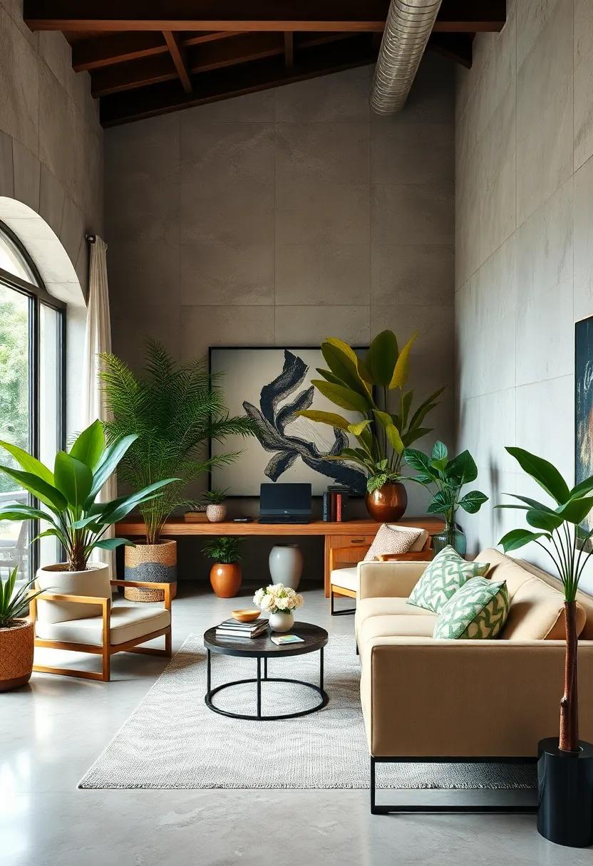 Oversized Plants and Sculptural Vases Creating a Lush Backdrop for Energetic Home Offices