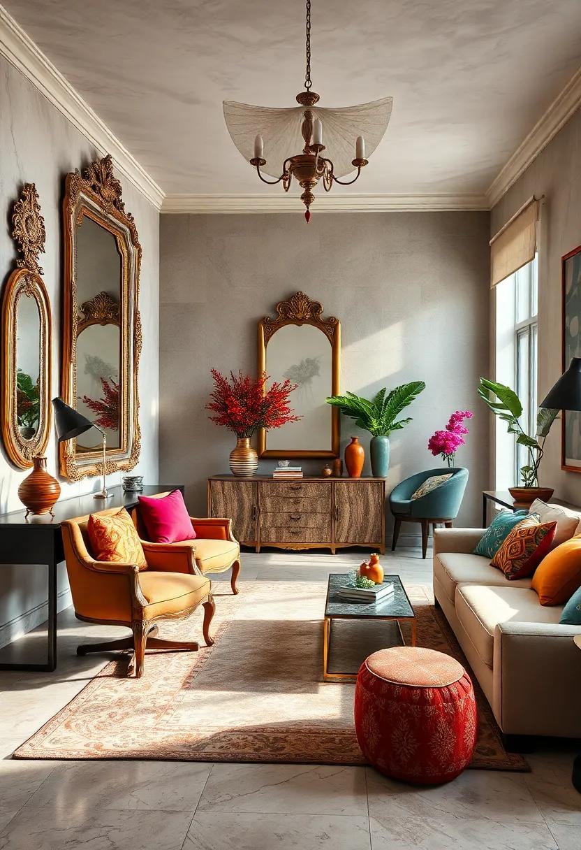 Ornate Mirrors Reflecting Light and Bold Decor to Enhance Spaciousness and Intrigue in Work Areas