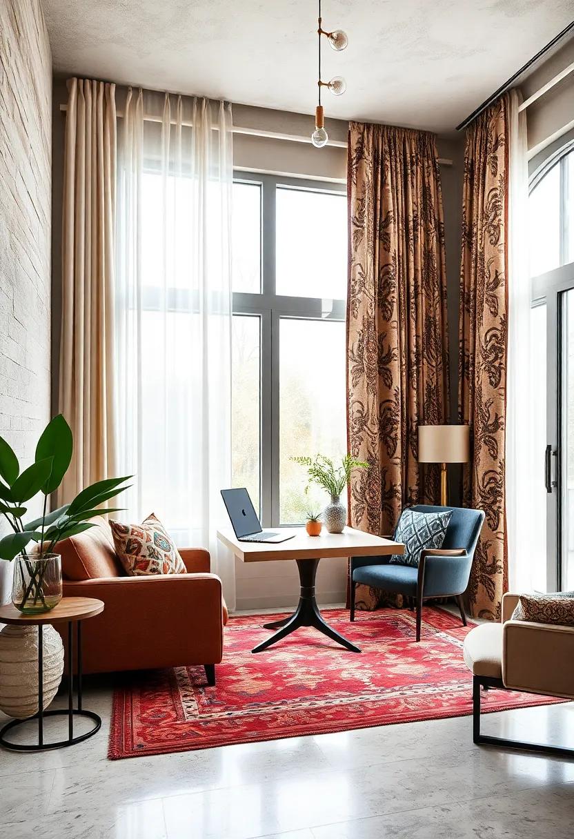 Layering Curtains and Drapes with Contrasting Prints To Frame Office Windows With Flair