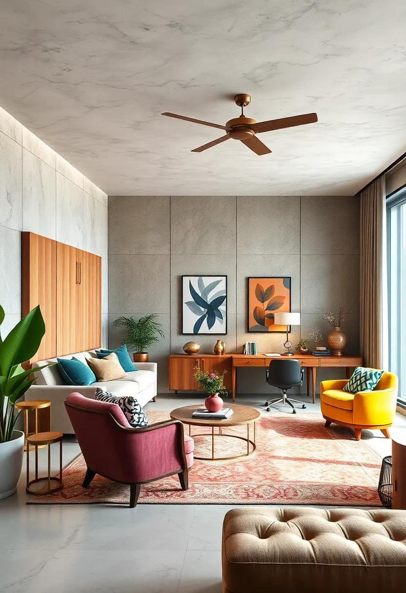 Bold Headboards and Partitions Defining Distinct Zones in Spacious Maximalist Home Offices