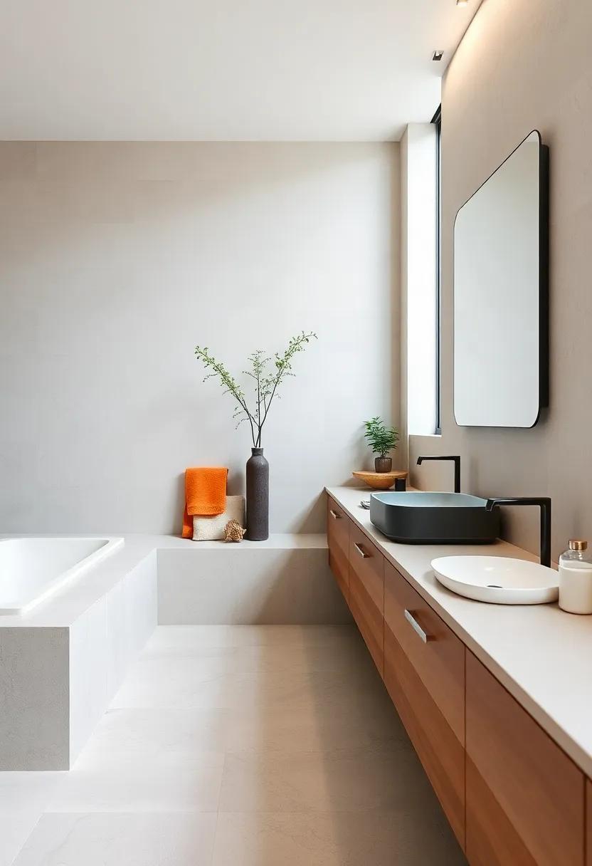 Sleek floating vanities with integrated sinks emphasizing clean geometric forms and smooth surfaces