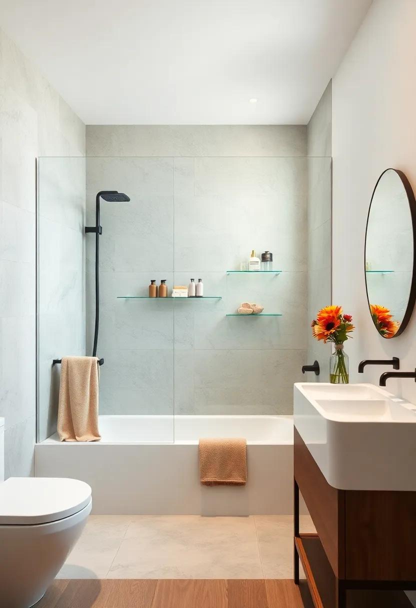 Transparent shower shelves giving the impression of floating essentials within an uncluttered shower zone