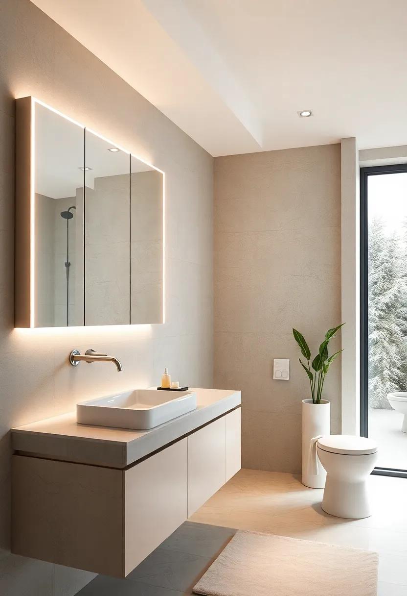 Mirrored cabinets with backlit LED edges presenting sleek reflections and ambient light diffusion