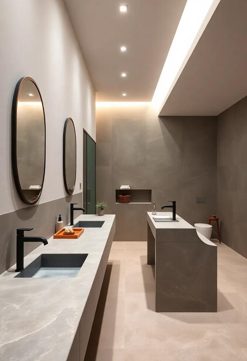 Matte concrete countertops with built-in sinks providing an industrial yet serene minimalist vibe