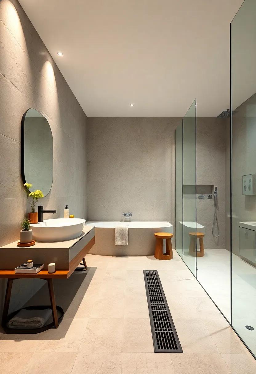 Slim linear drains incorporated into minimalist showers for functional elegance and uninterrupted floor space
