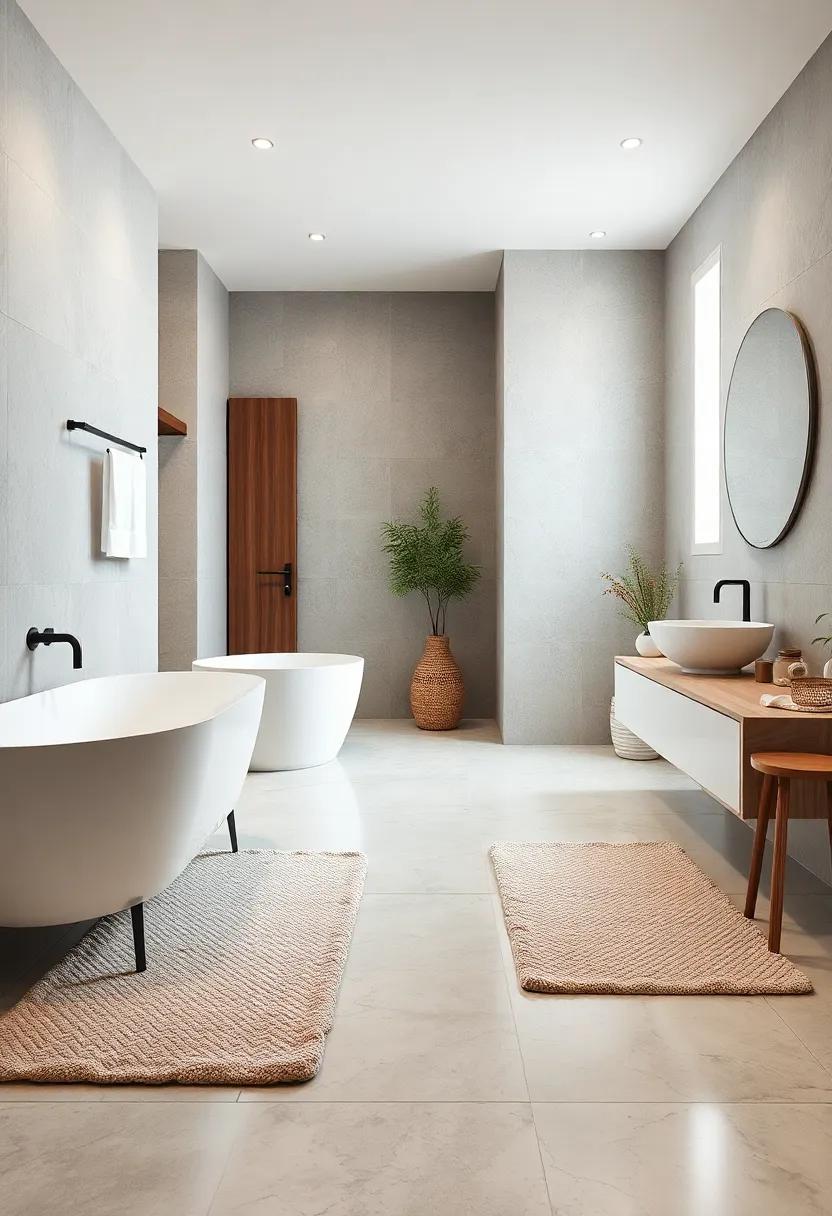 Soft textured bath mats in neutral hues contrasting gently with sleek polished floors