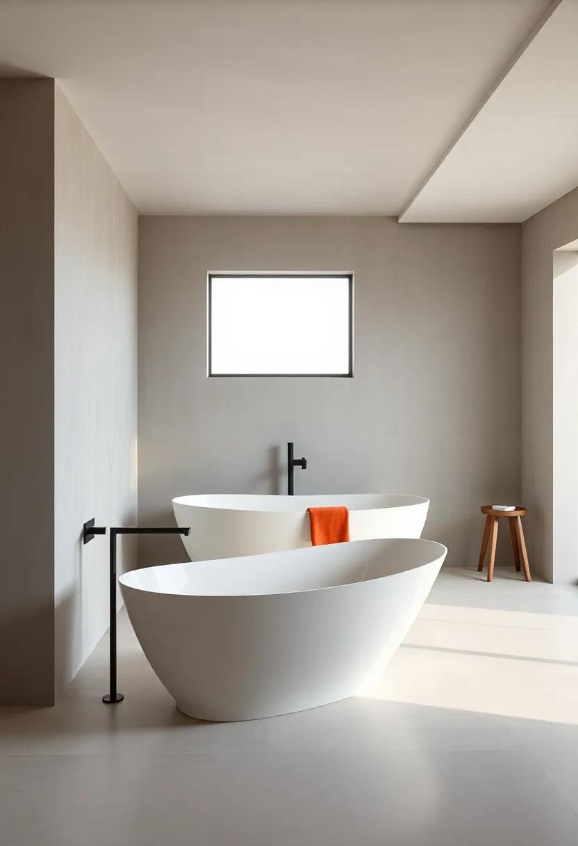 Streamlined freestanding bathtubs with gentle curves nestled in airy, uncluttered bathroom settings