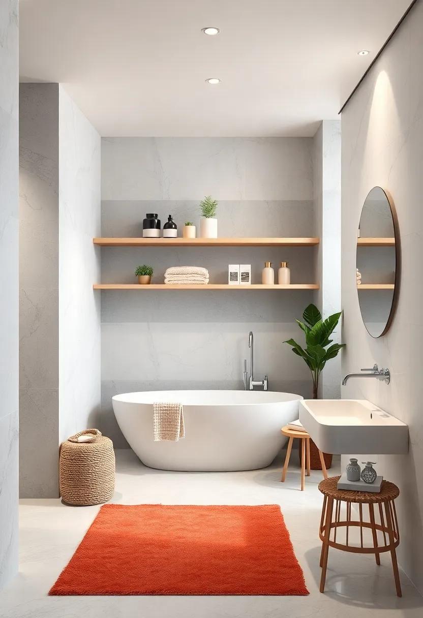 Floating shelves crafted from light wood for storing essentials without disrupting clean horizontal lines