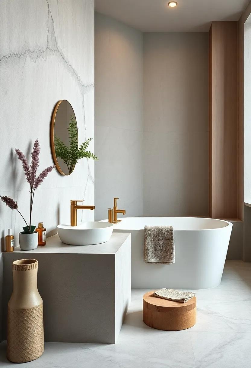 Slender minimalist faucets in brushed brass inject warmth into cool-toned minimalist interiors