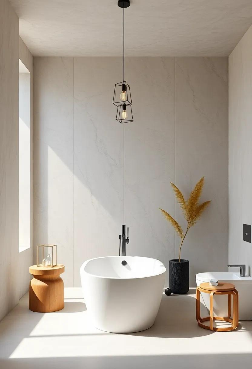 Delicate pendant lighting with simple geometric shapes casting soft shadows in minimalist bathrooms