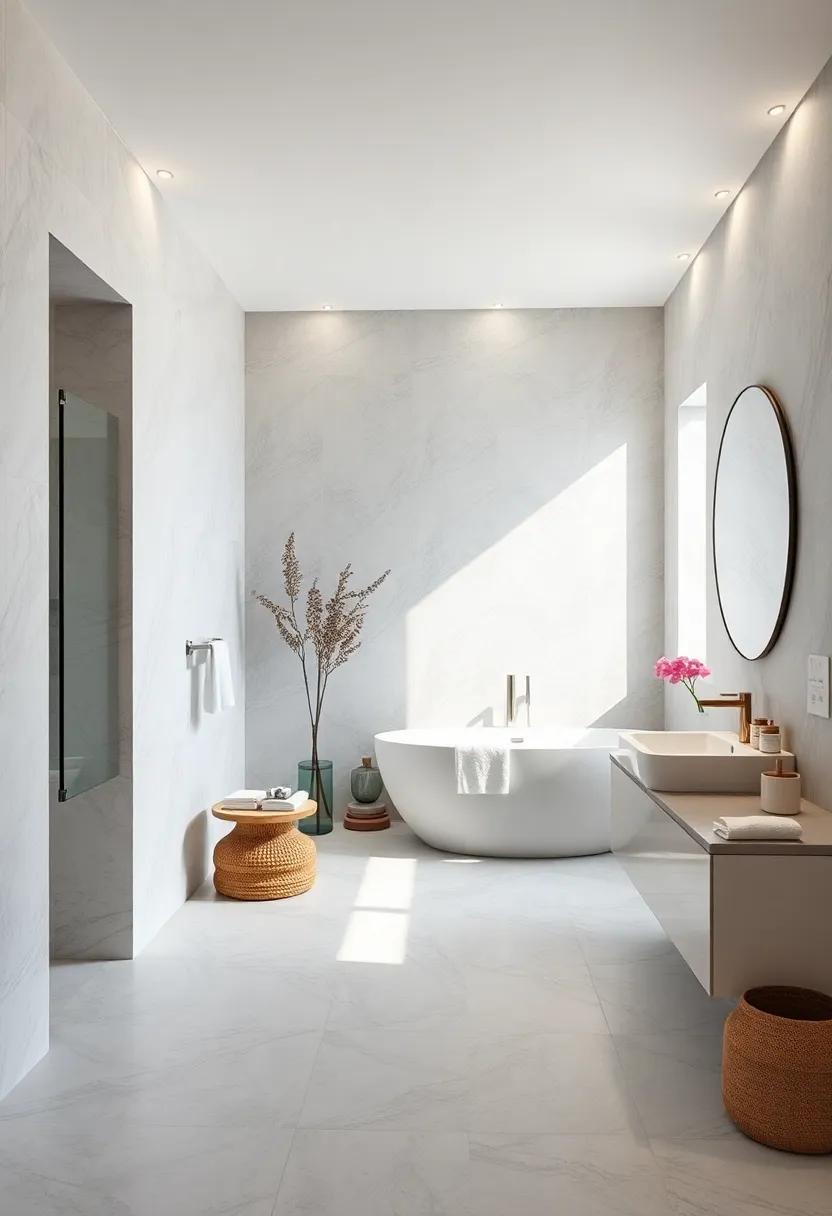 Minimalist monochrome palettes blending soft grays and whites to evoke tranquil spaciousness