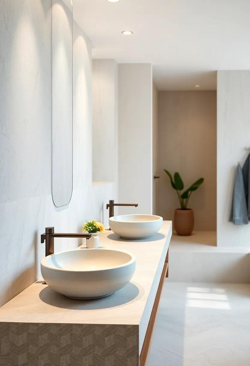 Minimalist ceramic vessel sinks with smooth curves adding a sculptural element to bathroom counters