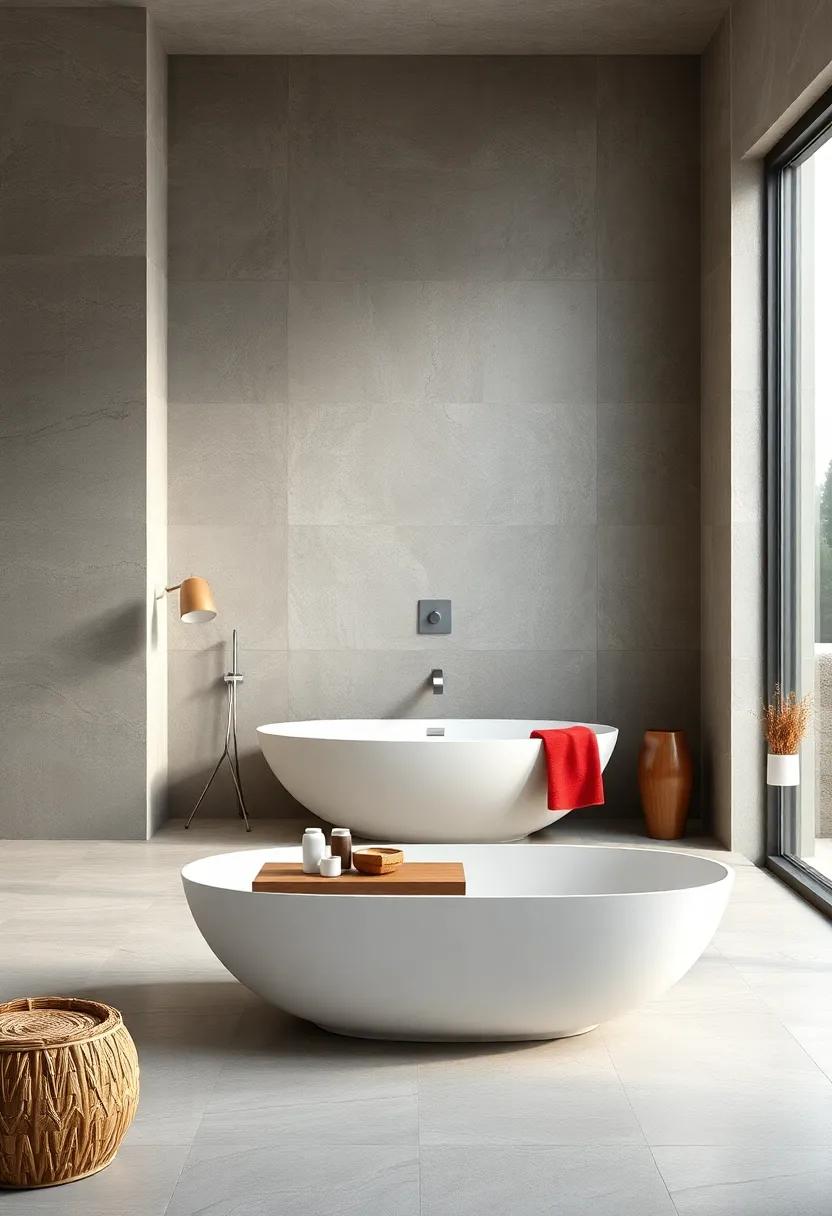 Floating bathtubs set against backdrops of muted stone tiles for a spa-like contemplative atmosphere