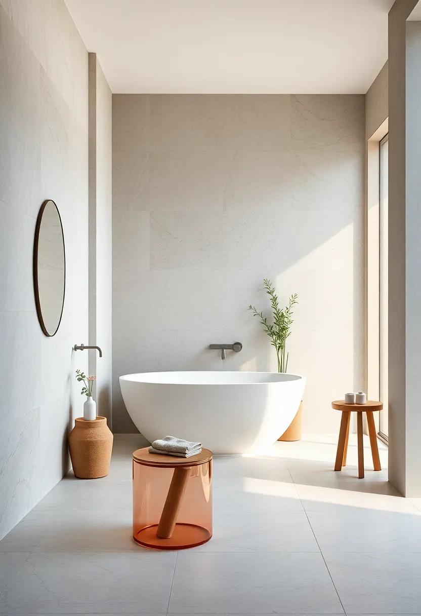 Minimalist bathroom stools in translucent materials providing seating that blends effortlessly into clean spaces