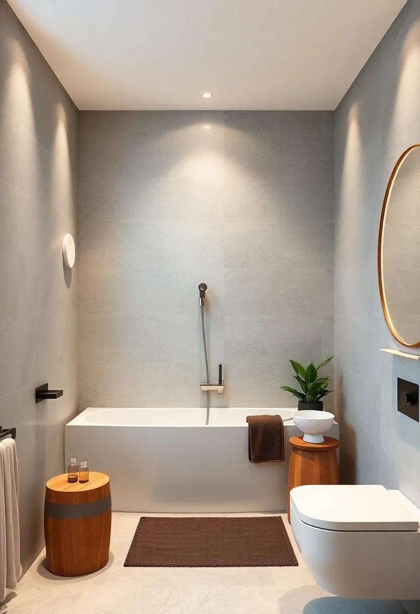 Recessed lighting softly illuminating minimalist bathroom corners to accentuate simplicity and calm