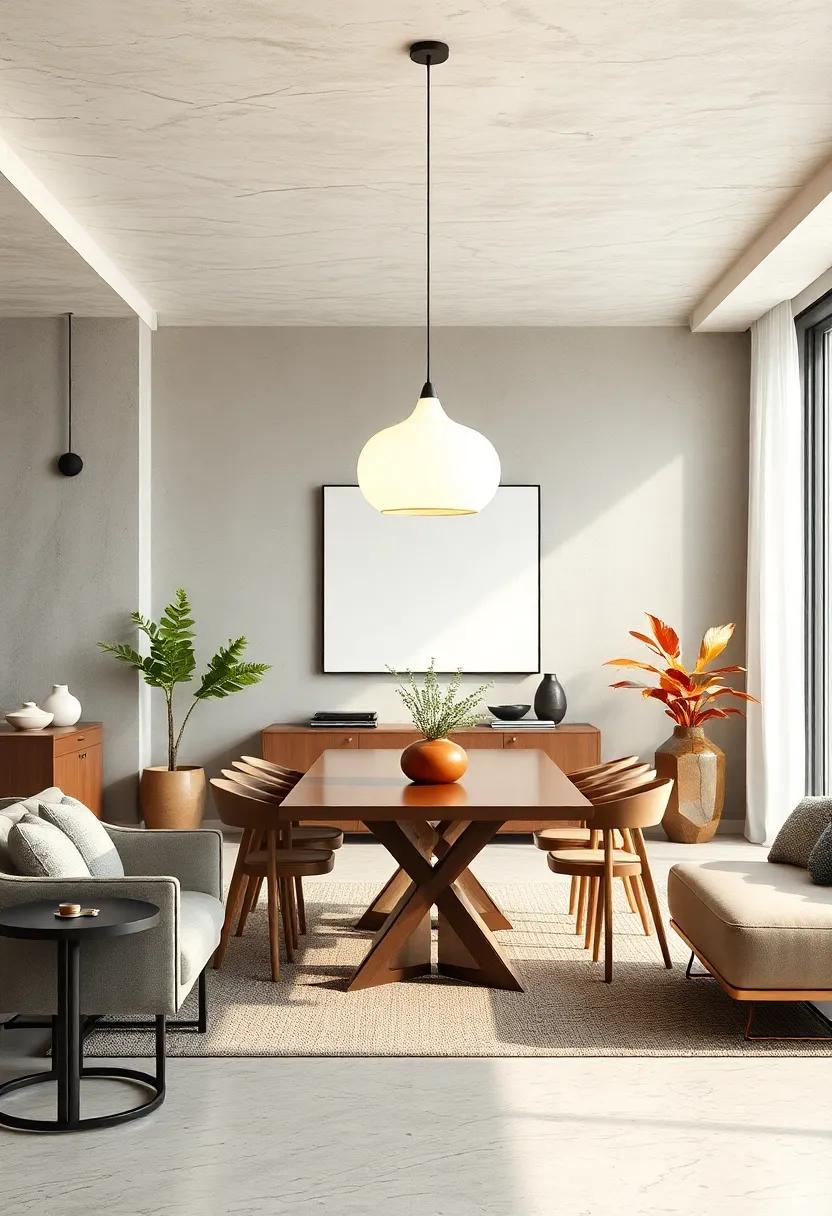 A Central Pendant Light With an Organic Shape Illuminating the Dining Area Gracefully