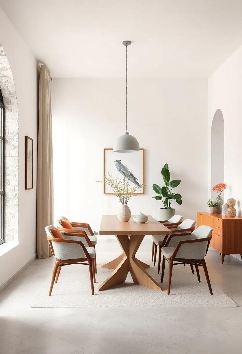 Serene White Walls Paired with Natural Wood Accents for a Calm and Inviting Dining Atmosphere