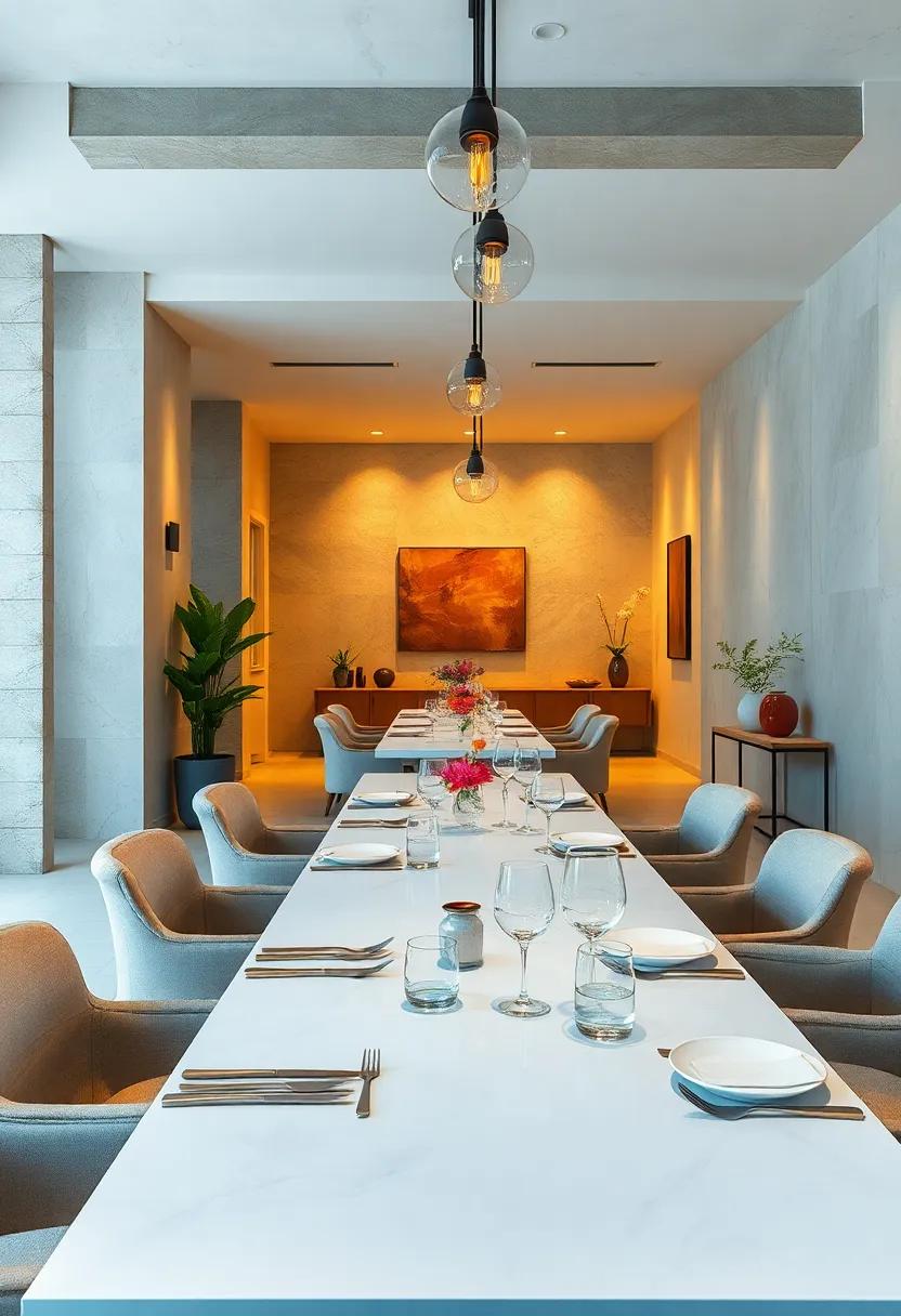 Soft Ambient Lighting Casting Gentle Shadows Over Sleek Minimalist Table Settings