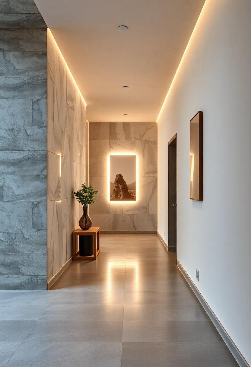 Fixed Slim Minimalist LED Art Pieces Casting Gentle Glows And Creating Atmospheric Depth In Hallways