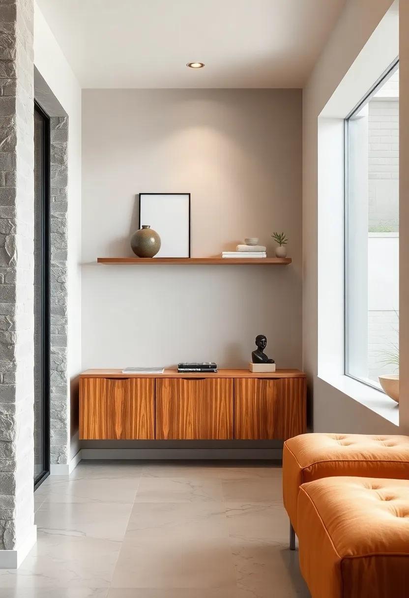 Floating Shelves With Just A Few Carefully Chosen Minimal Sculptures Creating Quiet Points Of Interest