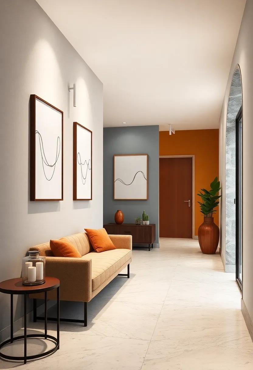 Glass Encased Minimal Line Drawings Mounted On Contrasting Colored Walls For a Chic Hallway Statement
