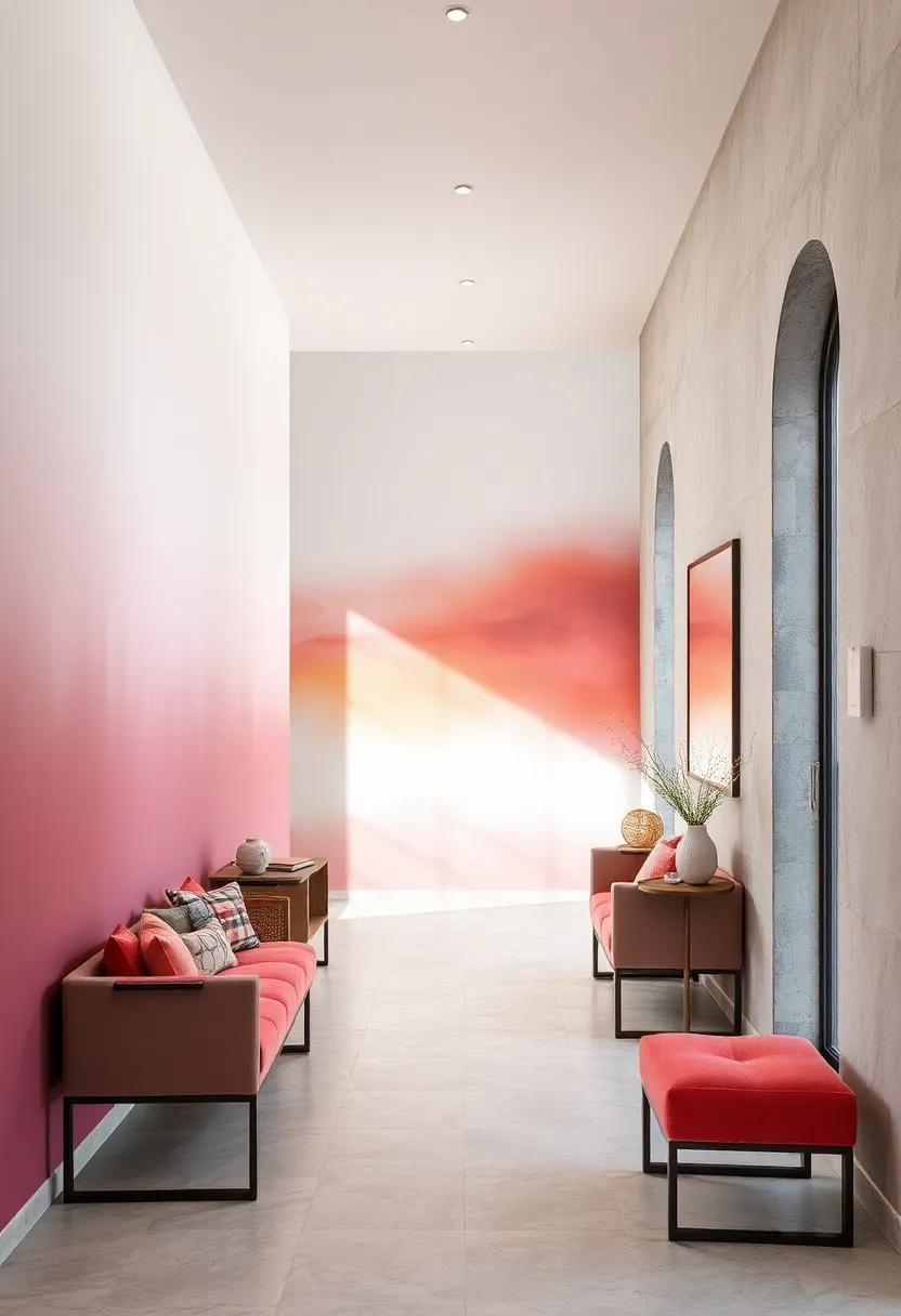 Large Scale Gradient Washes Blending Soft Colors Across Hallway Walls For a Dreamy Minimalist Effect