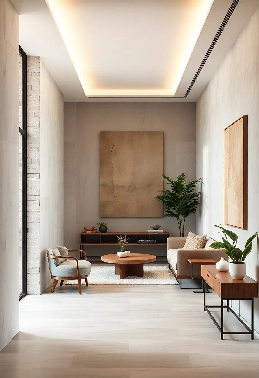 Muted Earth Tone Canvas Textures Adding A Natural Touch While Maintaining Minimalist Integrity In Hallways