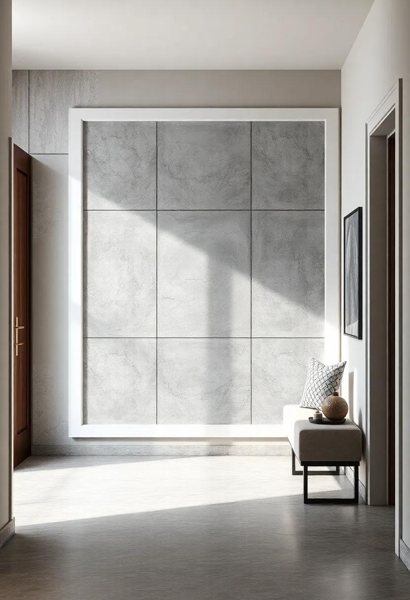 Pale Grey Concrete Textured Panels Framed By Clean White Borders To Highlight Minimalist Industrial Style