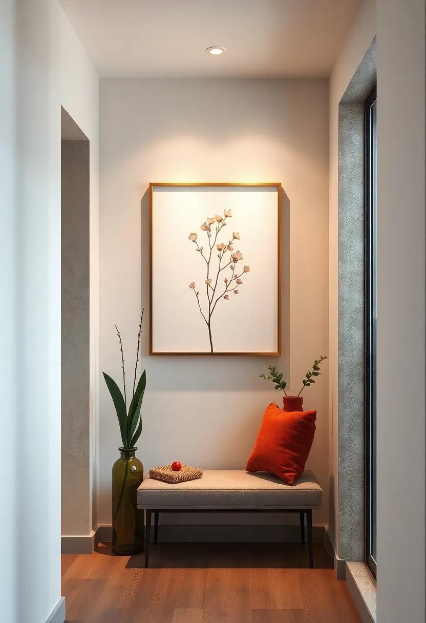 Slim Metallic Frames Holding Minimalist Botanical Silhouettes Lighting Up Dim Hallway Corners