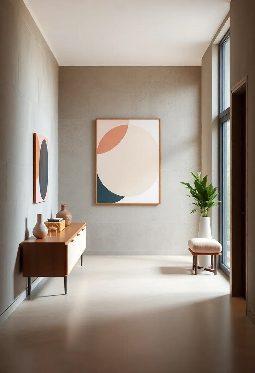 Soft Palette Abstract Shapes Floating Gracefully Across a Modern Hallway Wall For Spacious Feeling