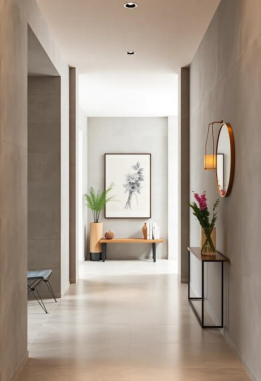 Strategic Placement Of Small Circular Mirrors Among Minimal Art To Reflect Light And Enlarge Hallway Feel