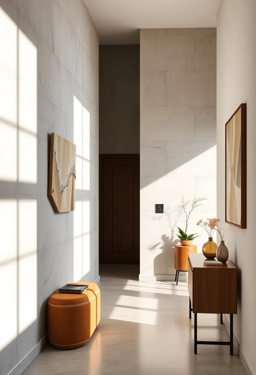 Whisper-Thin Shadows Cast By Subdued Wall Sculptures Enhancing Hallway Ambiance With Light Play